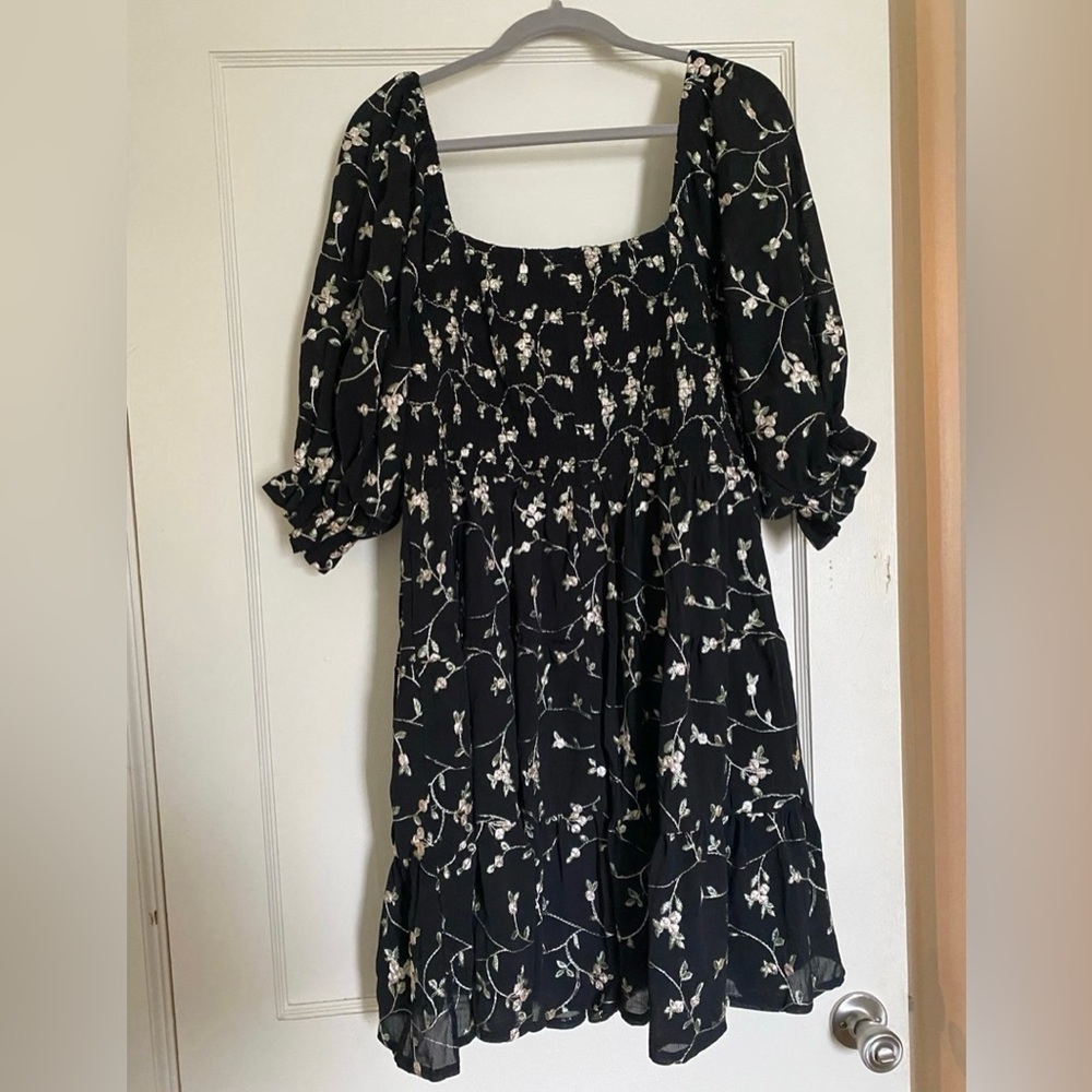 ARULA Black Floral Embroidered Smocked Midi Dress